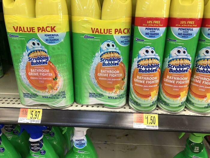 Scrubbing Bubbles bathroom cleaner value packs on a grocery store shelf, highlighting savings and grocery-shopping-hacks.