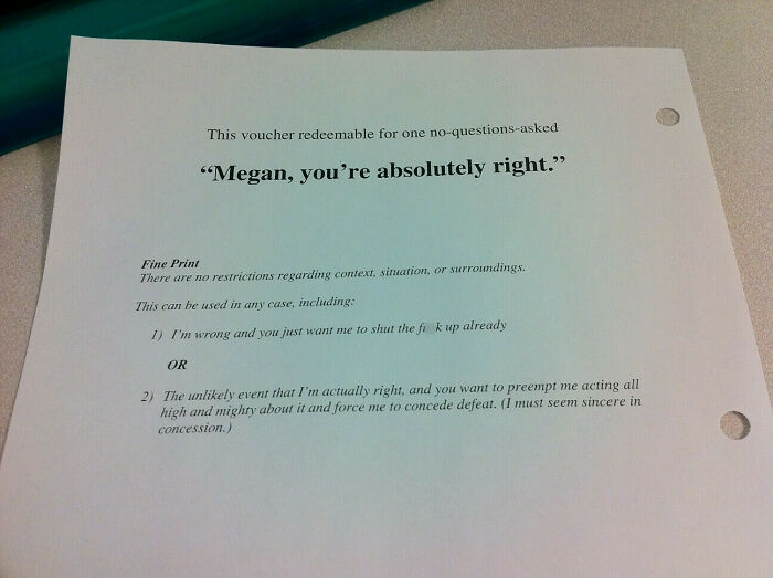 Weird yet cute Valentine's gift voucher with humorous text, stating "Megan, you're absolutely right."