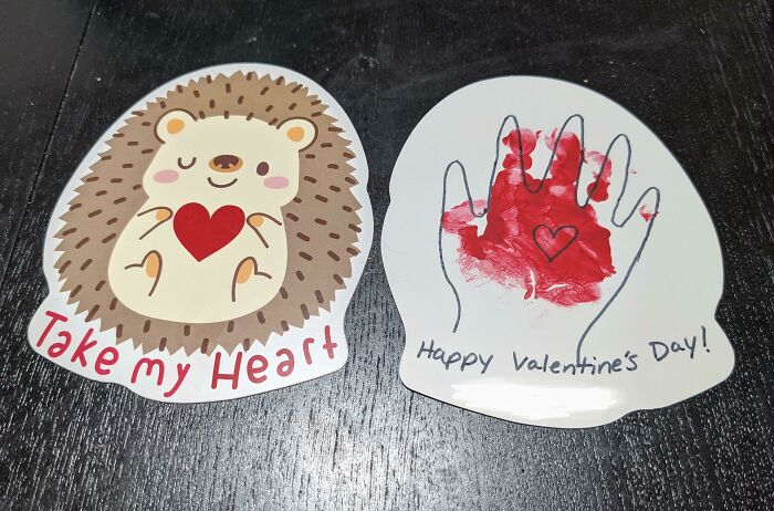 Cute Valentine's gifts: a hedgehog card with "Take my heart" and a handprint card with "Happy Valentine's Day!" messages.