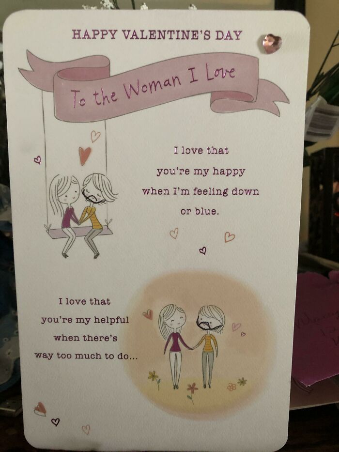 Valentine's card with cute illustrations and loving messages, featuring a purple banner and hearts.