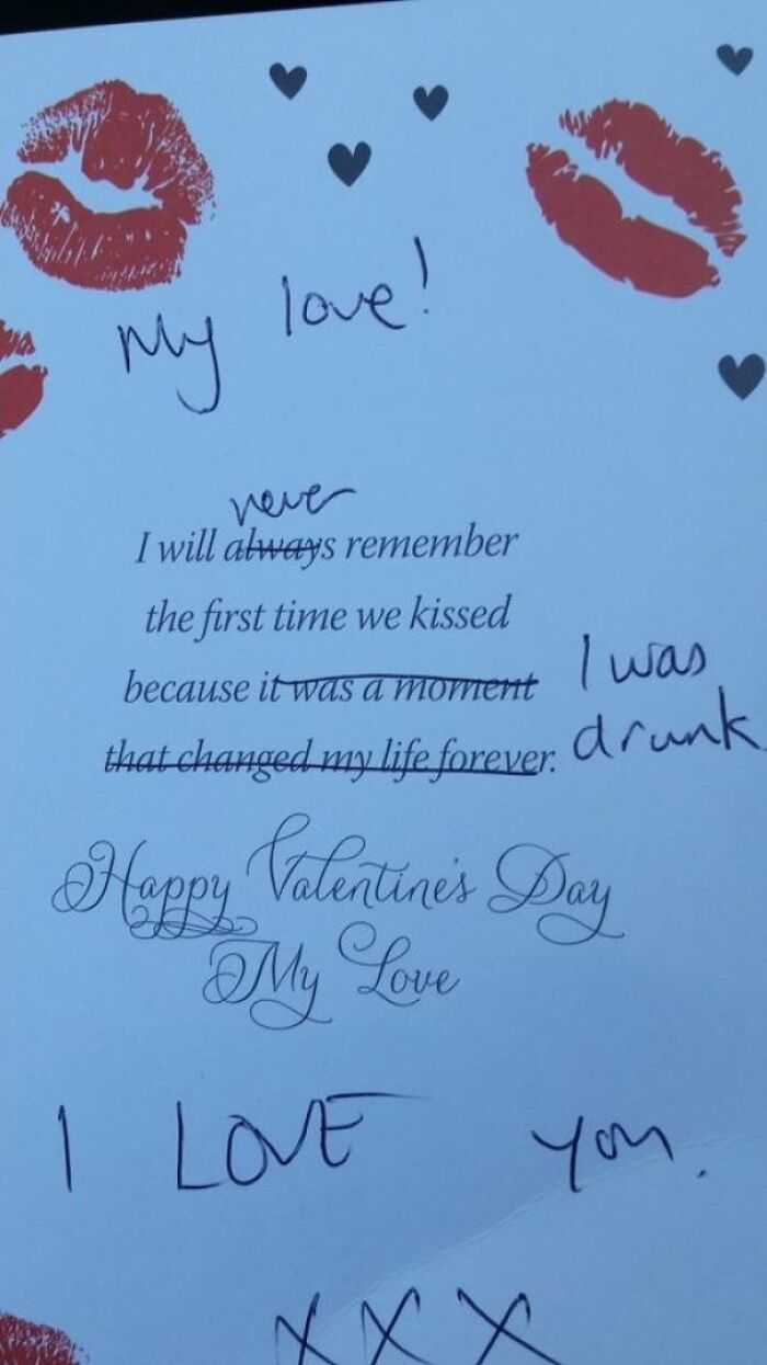 Funny Valentine's card with lipstick marks and humorous handwritten notes.