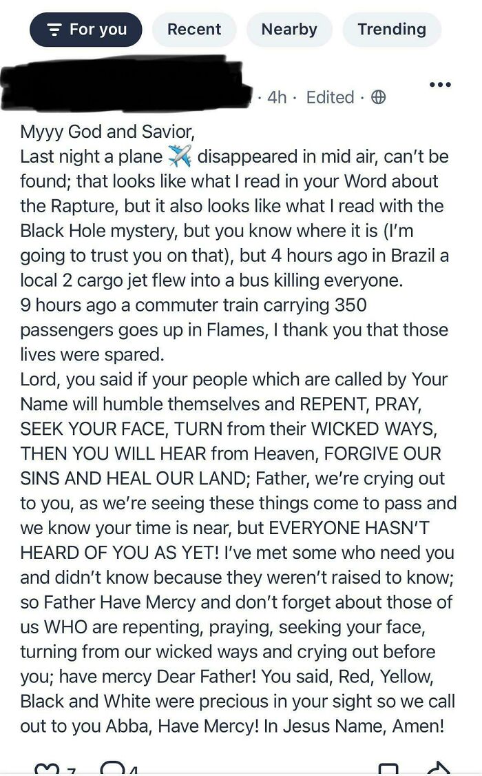 Screenshot of a wild post from a neighbors app discussing a plane disappearance and local tragedies with a prayer message.