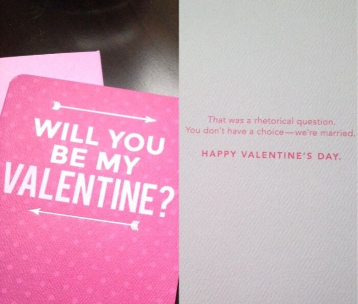 Valentine's card with cute, quirky message inside on a pink background.