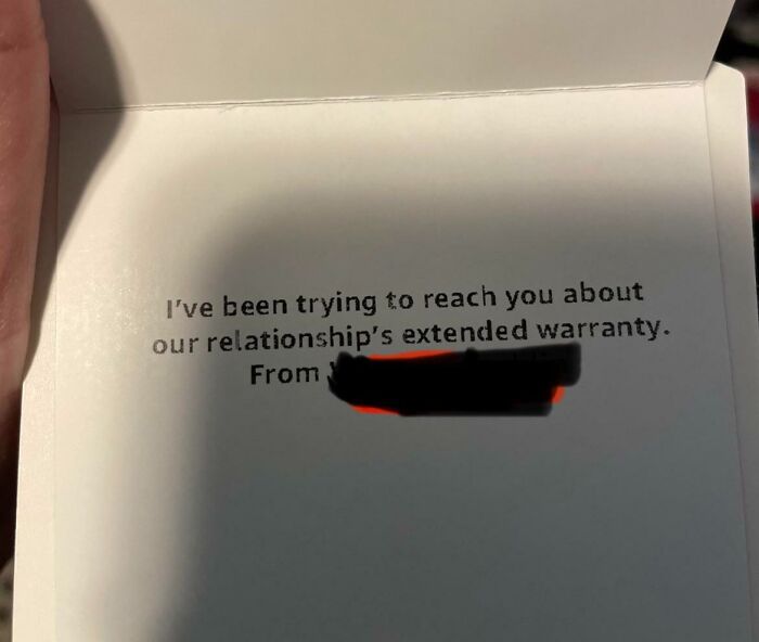 Quirky Valentine's card with message about relationship's extended warranty.