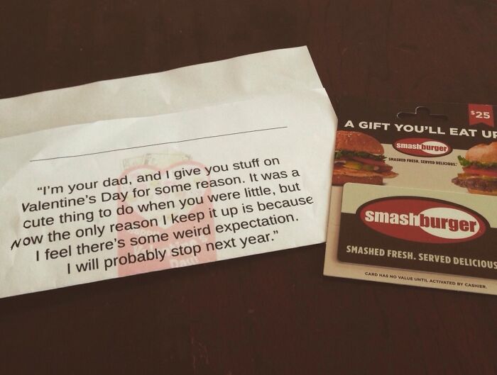 Weird yet cute Valentine's gift card with a humorous dad's note about tradition.