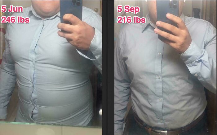 Weight-loss transformation showing a man in a blue shirt, before at 246 lbs and after at 216 lbs.