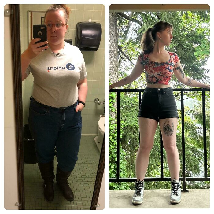 Weight loss transformation showing before and after photos of a person in casual outfits, highlighting their journey.