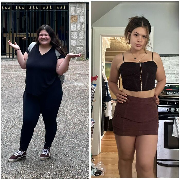 Weight-loss transformation showing before and after images of a woman in different outfits, highlighting her progress.