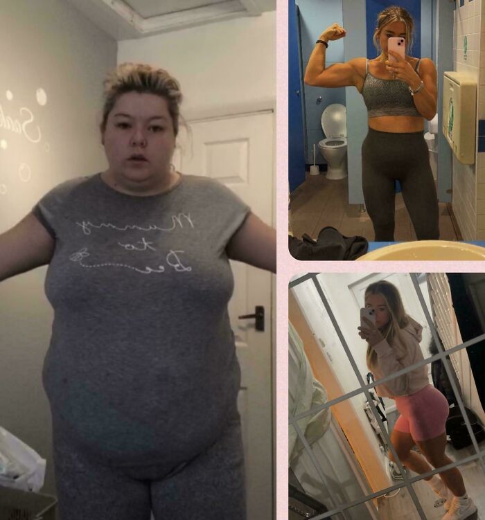 Woman's weight-loss transformation journey, showing before and after images of her physical changes in a mirror selfie.