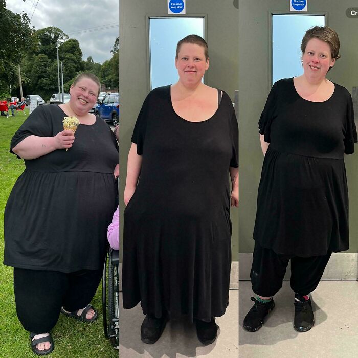 Weight loss transformation showing three stages, wearing black dress outdoors and indoors.