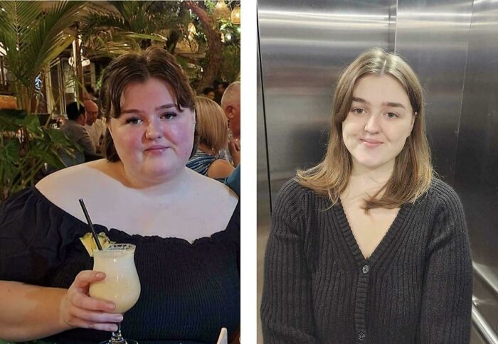 Weight-loss transformation showing a woman before holding a drink and after with a confident smile, highlighting her progress.