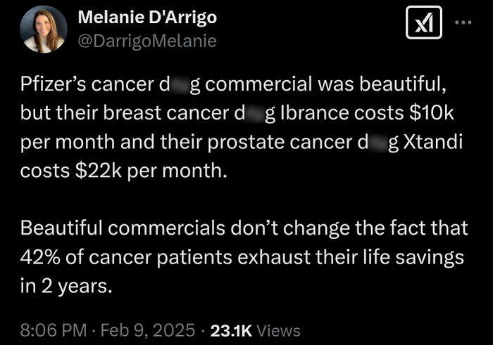 Tweet text highlighting expensive cancer d**g costs and financial struggles faced by patients, reflecting facepalm moments about common sense.