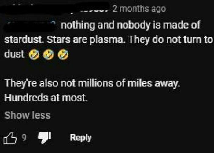 Screenshot of a social media comment confidently incorrect about stars and stardust, shared in a roasting group online.