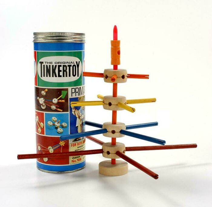 Tinkertoy set with colorful rods and connectors, evoking nostalgic feelings of childhood playtime.