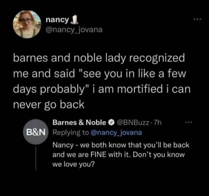 Screenshot of a funny tweet exchange involving barnes and noble lady, highlighting really dumb tweets that make you laugh.