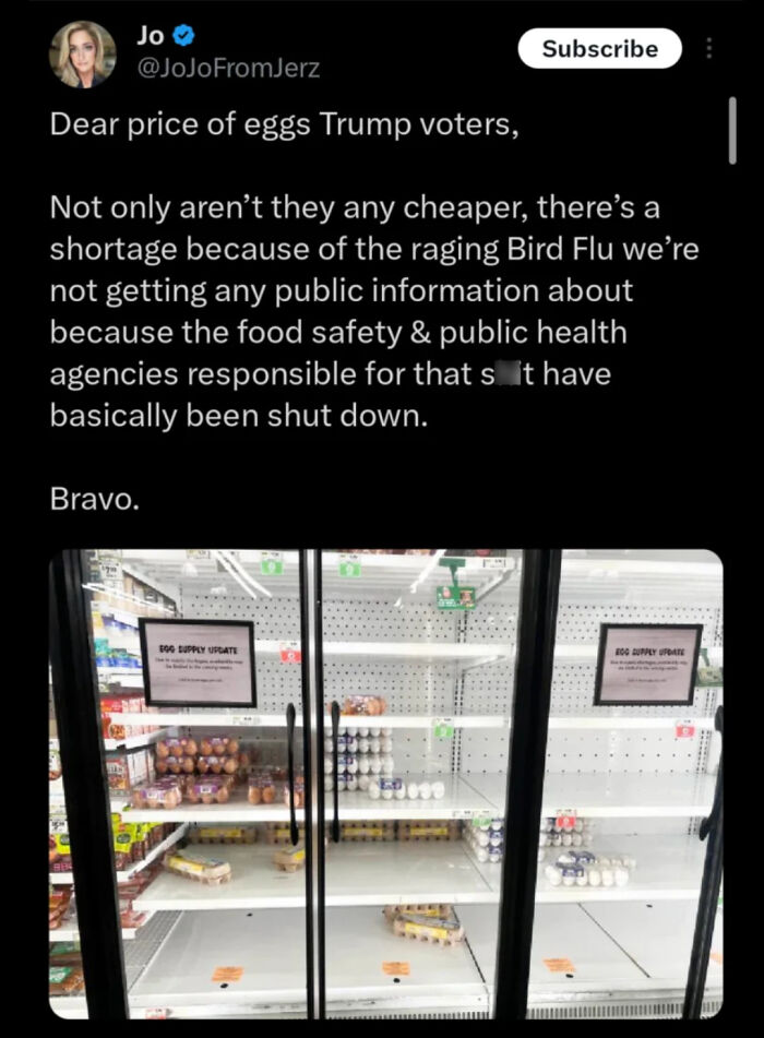Tweet about egg shortage and public health agency shutdown with mostly empty store shelves showing limited egg supply facepalm moment.