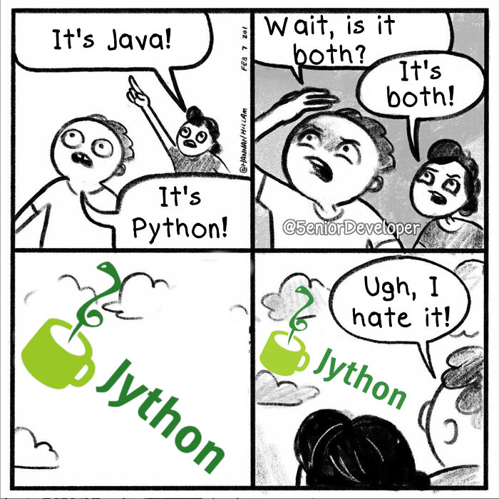 Comic meme about programming languages Java and Python, featuring confusion over Jython integration.