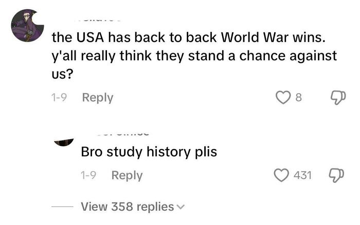 Social media comments showing Americans confidently posting incorrect historical facts about World War wins.