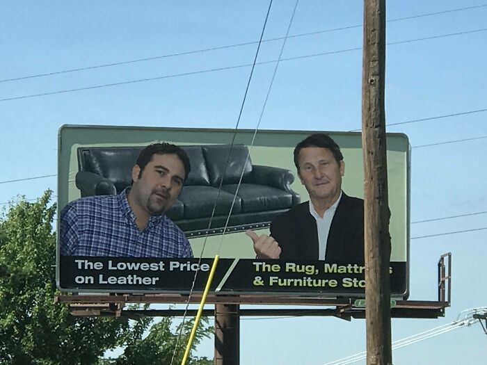 Funny signs and billboards featuring two men promoting furniture offers with amusing expressions.