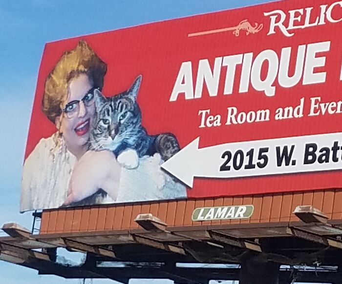 Billboard featuring a woman and a cat promoting an antique tea room with an arrow pointing to the address.