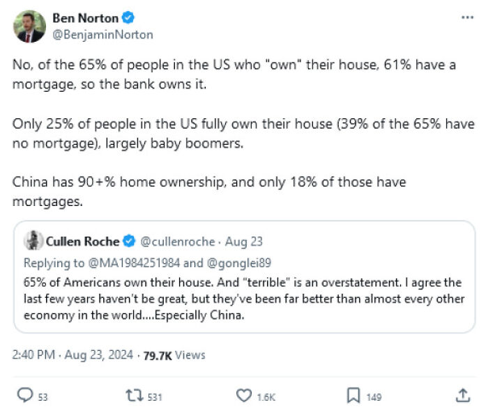 Tweet discussing home ownership statistics and mortgages in America under capitalism issues.