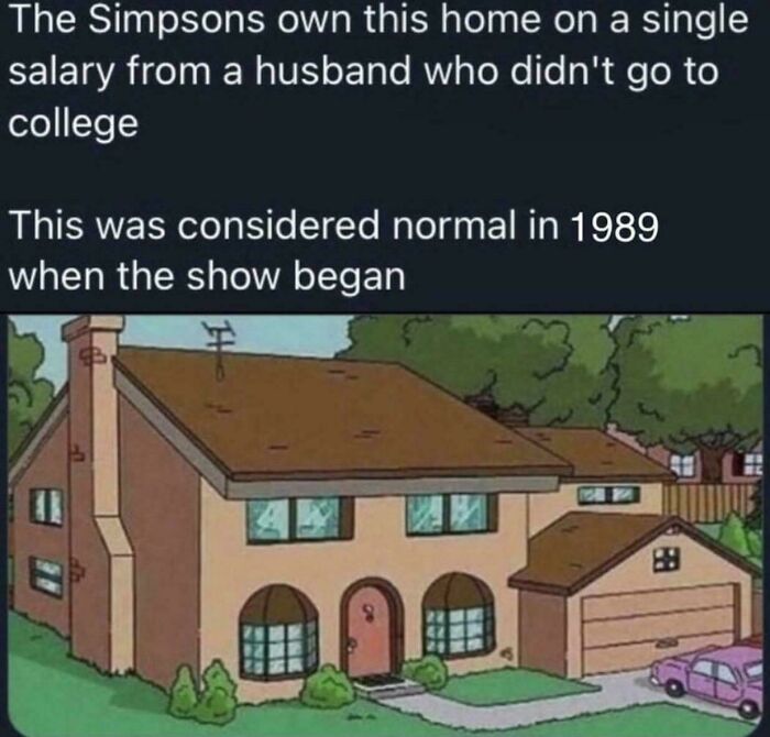 Illustration of a suburban house with text highlighting capitalism issues in America, referencing The Simpsons' single income home.