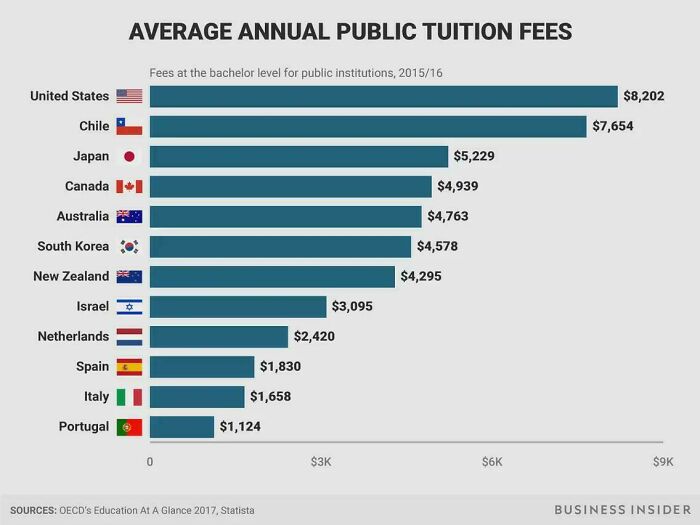 Bar chart illustrating average annual public tuition fees, highlighting capitalism issues in America with highest costs.