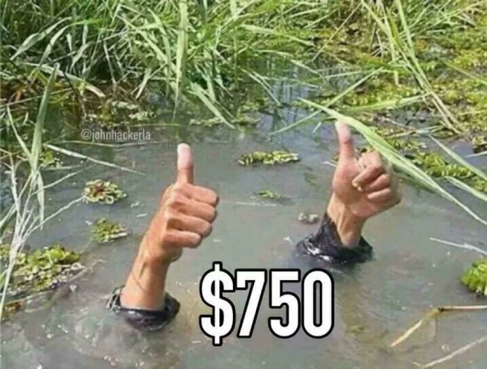Thumbs up from submerged person in muddy water, highlighting issues of capitalism in America, with "$750" text overlay.