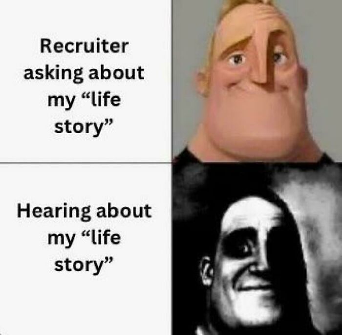 Cartoon character highlights capitalism issues in America through contrasting job interview expressions.