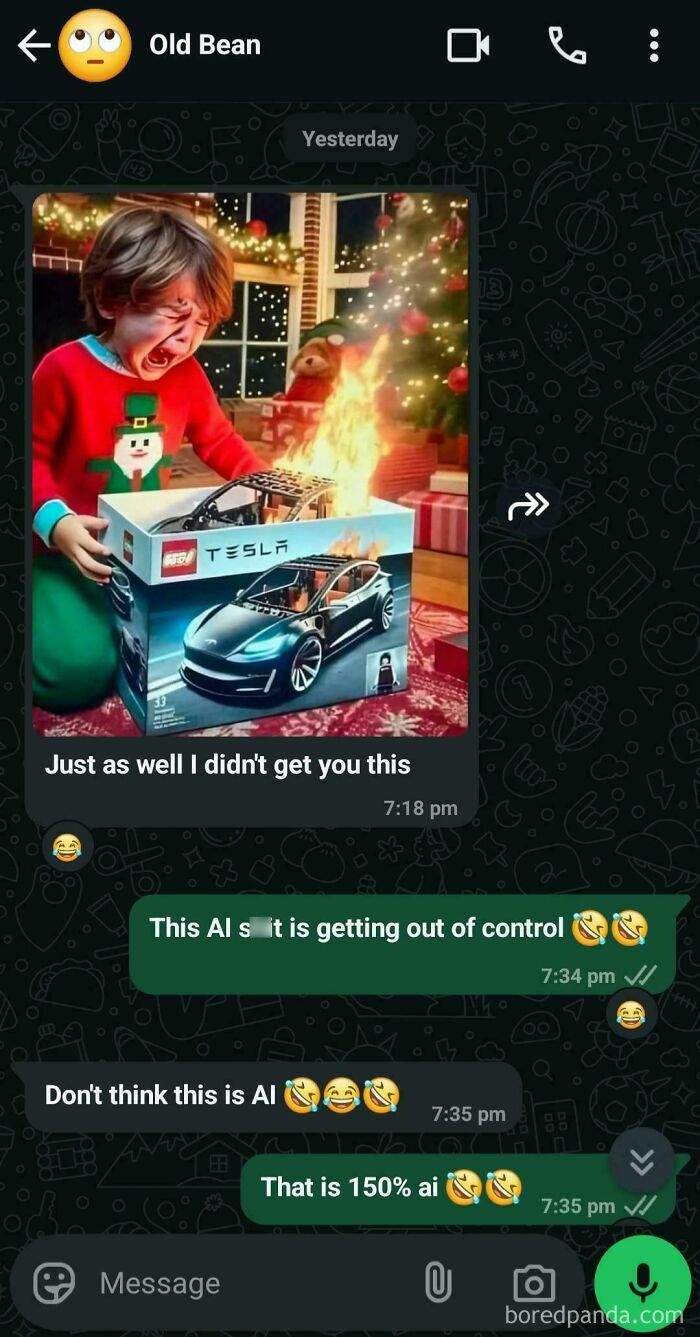 Child reacting to a blazing toy car box shared in a humorous social media exchange, highlighting boomers' social media fails.