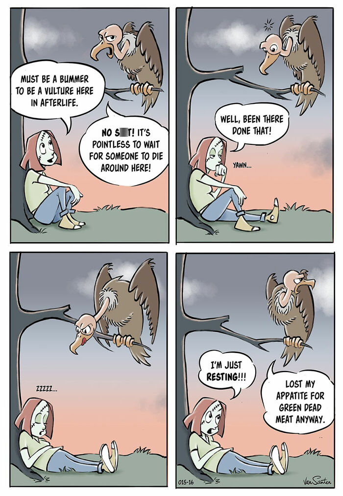 Comic featuring a vulture and human in afterlife, humorously discussing the challenges of finding food.