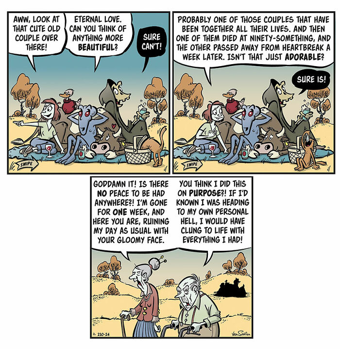 Comic by artist showing a humorous take on the afterlife, with cartoon characters and witty dialogue about befriending death.