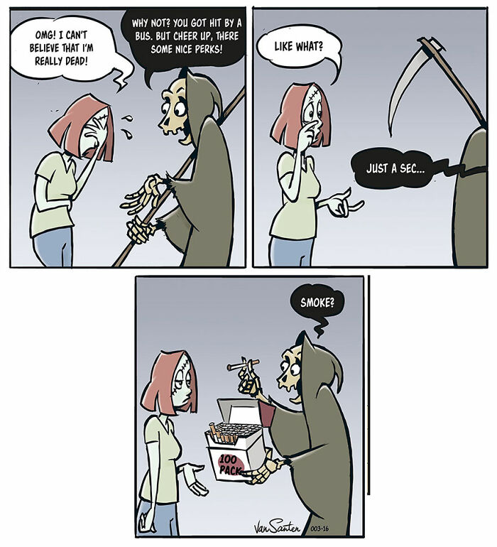 Comic about befriending death, featuring Grim Reaper offering a large pack of cigarettes to a surprised woman.