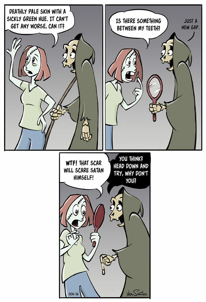 Comic strip about befriending death with a character humorously inspecting their teeth and talking to the Grim Reaper.