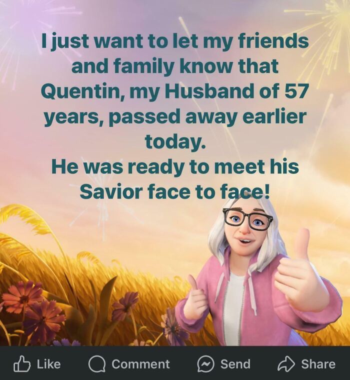 Cartoon character with thumbs up and text about a loved one passing away, illustrating Boomers social media fails.