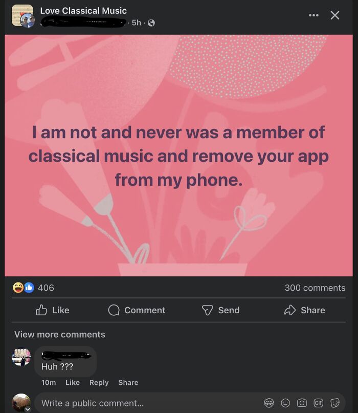 Boomers' social media misunderstanding on classical music page, showcasing a humorous comment about app removal.