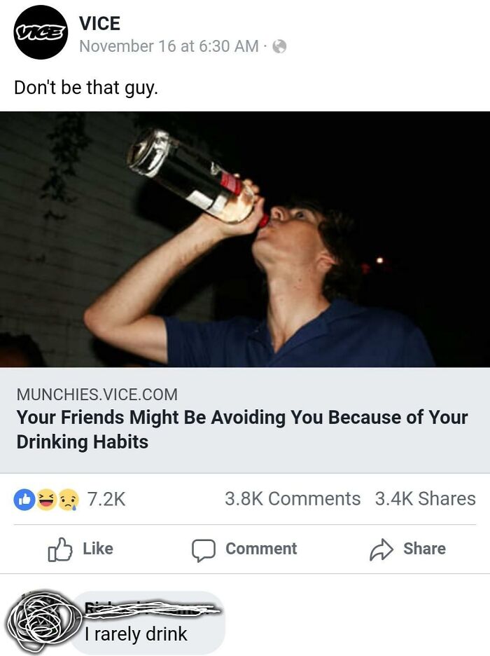 Man drinking from vodka bottle with text overlay about drinking habits, illustrating Boomers social media fails.
