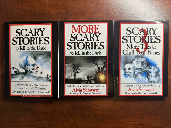 Three '90s Scary Stories books with eerie cover art by Alvin Schwartz and Stephen Gammell.