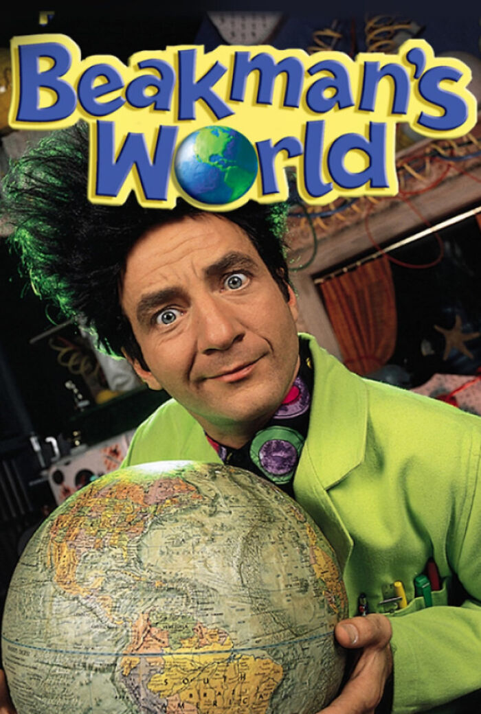 Man in green coat holding a globe, from iconic '90s TV show Beakman's World.
