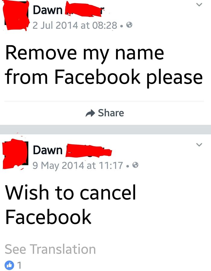 Facebook posts showing common Boomers social media fails, with requests to remove or cancel their accounts.