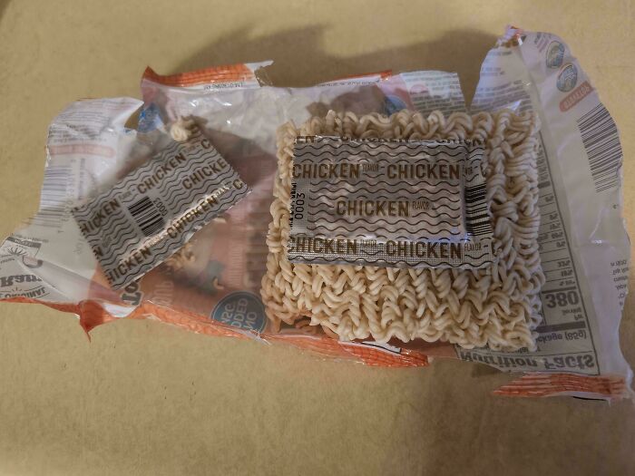 Unwrapped noodles and seasoning packet, highlighting overlooked ingredients.