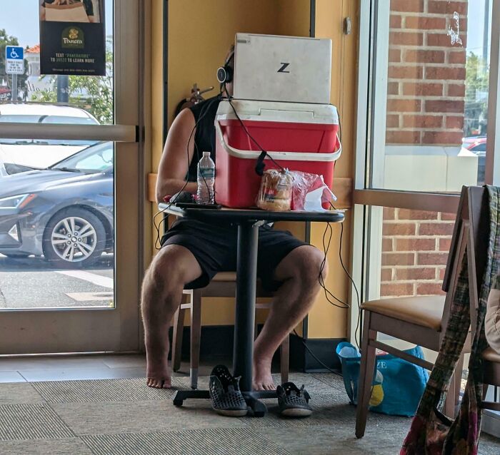 Person using a cooler as a laptop stand in a cafe, embodying a unique Florida-Wild-Moments scene.