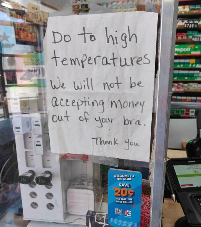 Store notice humorously declining warm money, capturing Florida-Wild-Moments atmosphere.