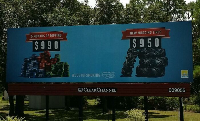 Florida-Wild-Moments: Billboard comparing costs of dipping tobacco and mudding tires against a backdrop of trees.