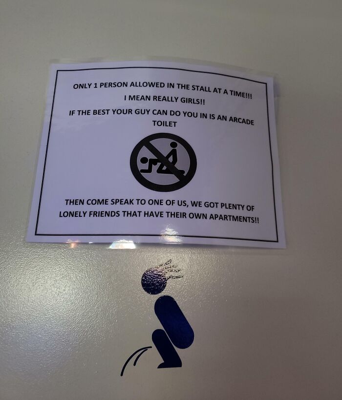 Humorous restroom sign and figure illustrating unique Florida wild moments.