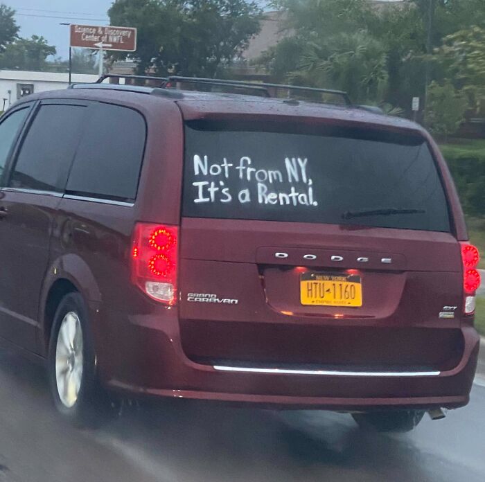 Red minivan with NY plates and "Not from NY, It's a Rental" written on window, showcasing a Florida wild moment.