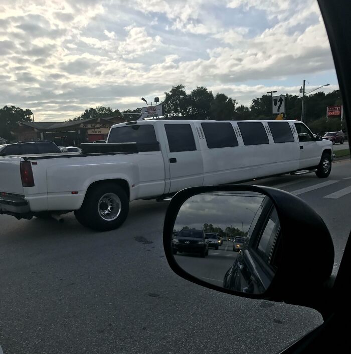 White limousine truck driving on a Florida road, showcasing unique Florida-Wild-Moments.