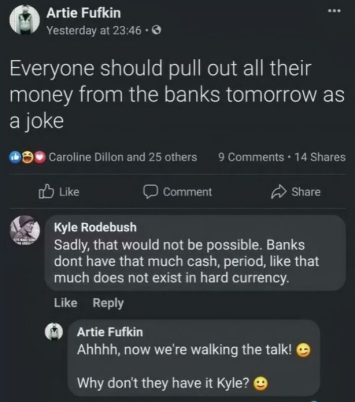 Social media post highlighting issues of capitalism in America, discussing bank cash withdrawal limitations in comments.
