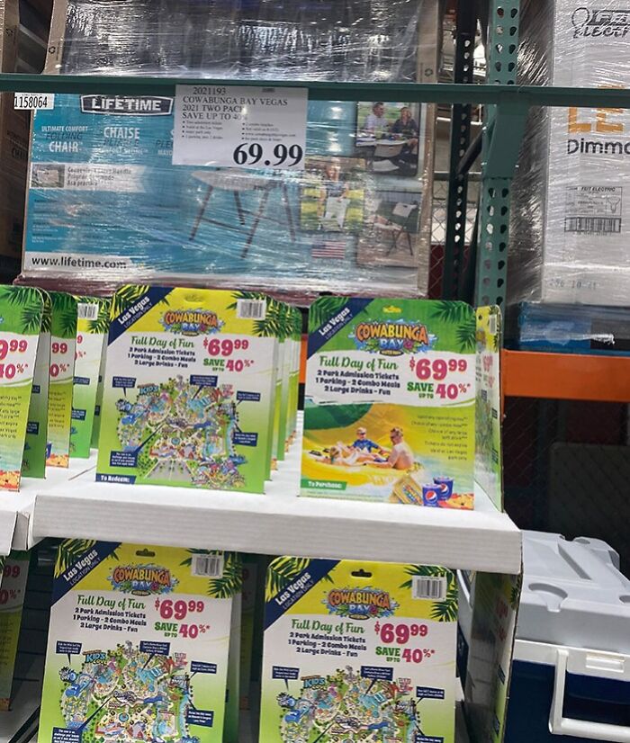 Cowabunga Bay Vegas promotions displayed on a grocery shelf, showcasing shopping hacks for family fun deals.