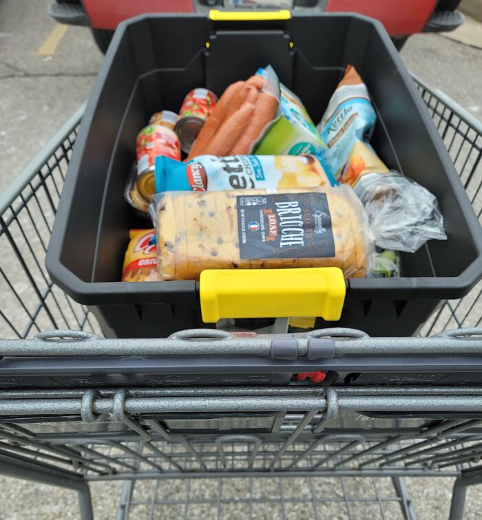Shopping cart loaded with groceries, using a bin for efficient organization, demonstrating grocery-shopping-hacks.